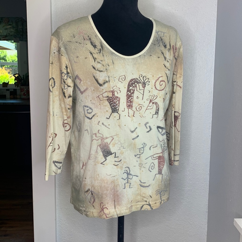 Cactus Bay Apparel tan Kokopelli  3/4 sleeve top shirt 100% cotton